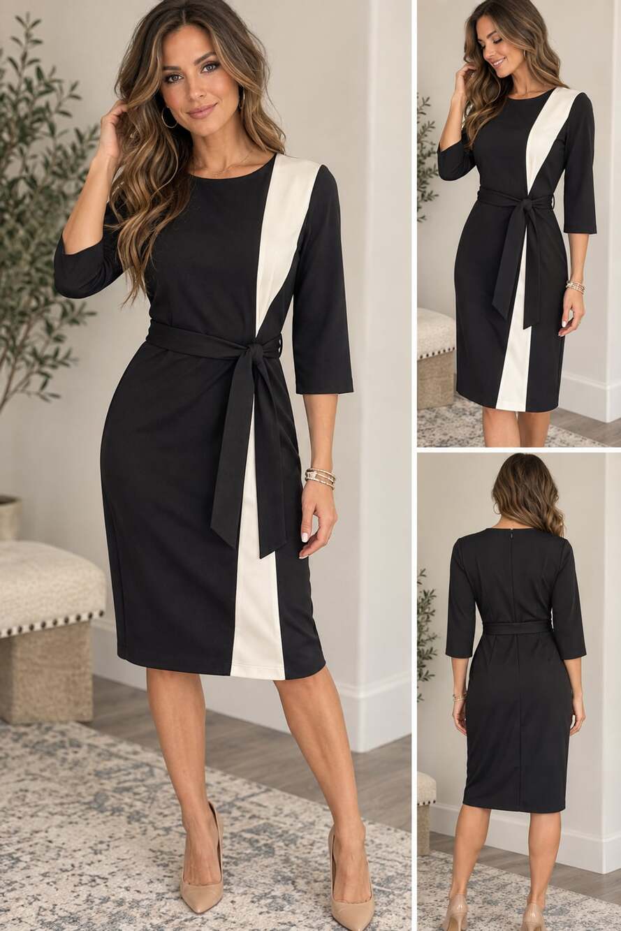 Halston Dress Size 4 Black White Colorblock Belted